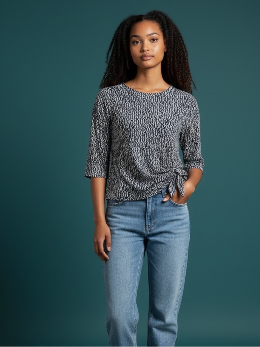 Navy and White Womens Tie-Side Casual Dress Scoop Neck Blouse